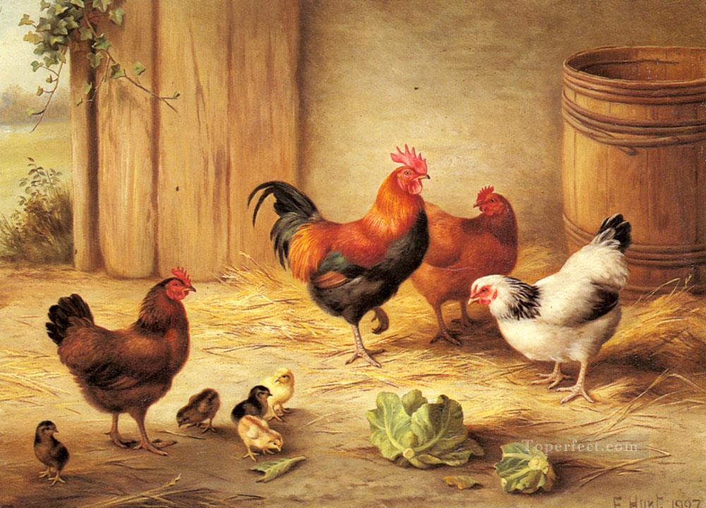 Chickens In A Barnyard poultry livestock barn Edgar Hunt Oil Paintings